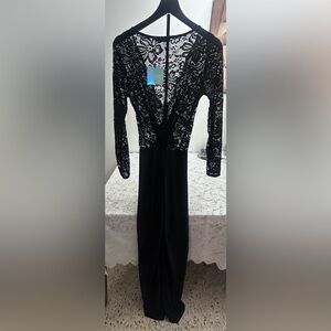Missguided Black Lace Long Sleeve Wide Leg Jumpsuit Deep V NWT L